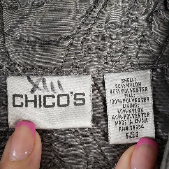 Chicos Women's 3 Embroidered Quilted Bomber Jacket Silver Metallic Bold Artsy - Picture 5 of 8